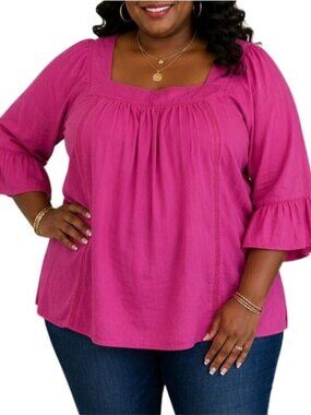 Time And Tru Size XXL Top Fuchsia Pink Bell Sleeve Peasant Top Square Neck